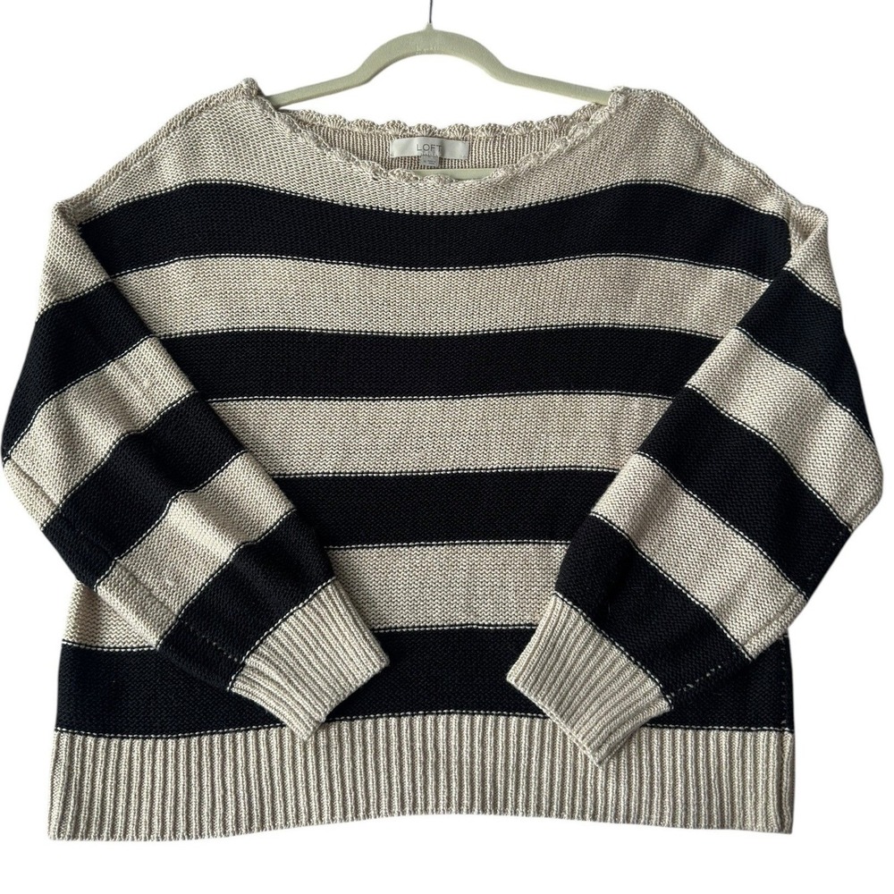 LOFT Striped Scalloped Boat Neck Long Sleeve Pullover Sweater Women's Size M - Picture 1 of 5